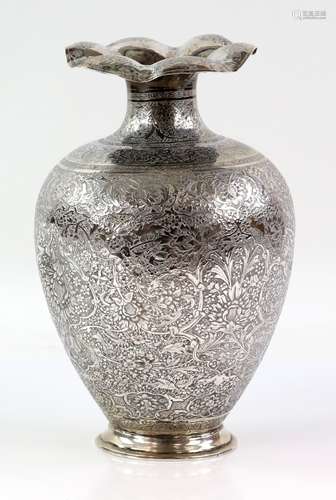 White metal vase, the body profusely chased with flowers, birds and scrolling leaves, stamped 80