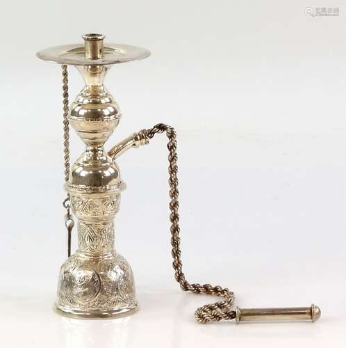 20th century Egyptian silver miniature Hookah, the lower half chased with stylised floral motif,