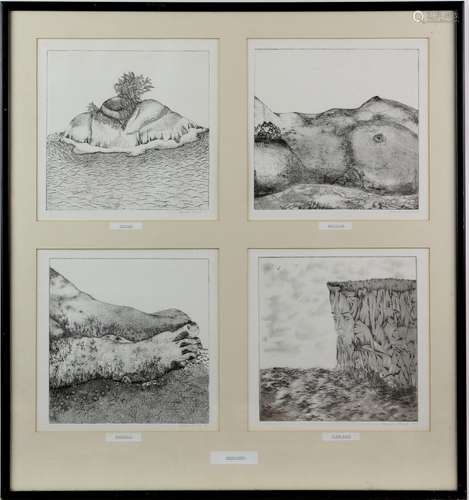 Brenda Jacobs, 20th century, four black and white signed prints mounted in one frame, comprising '