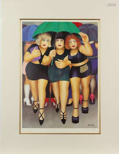 Beryl Cook (British, 1926-2008). 'Clubbing In The Rain', limited edition photolithograph published