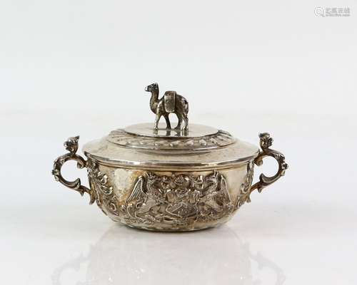 Victorian ornate silver bowl with camel finial to cover, with heraldic Griffin crests and