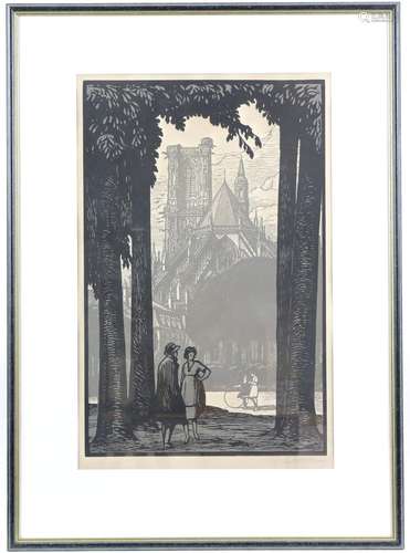 Fernand Chalandre (French, 1879 - 1924), two gravures to include one of houses by a river, 55.5 x