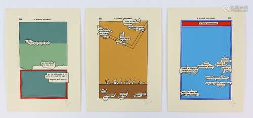 Tom Phillips CBE RA (British, b.1937). 'A Humument p.134, 220 & 251'. 1973. Three screenprints