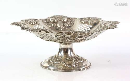 Edward VII silver pedestal hexagonal bowl, profusely decorated with pineapples, shells and pierced