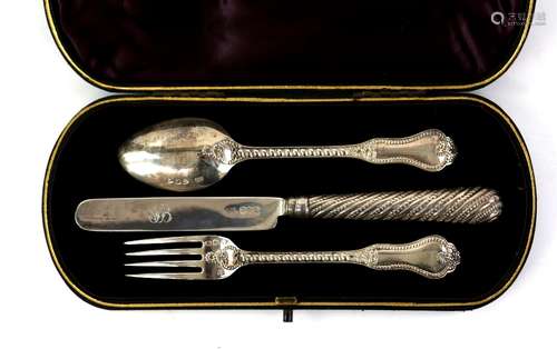 Victorian silver christening set, by George Unite & Sons, London 1895, comprising fork, spoon and