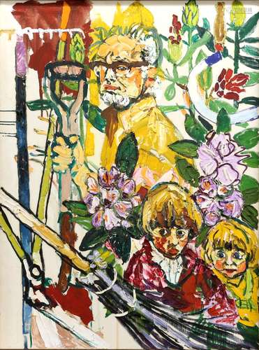 § John Randall Bratby RA (British, 1928-1992). 'Self Portrait With David And Jason In The Garden',