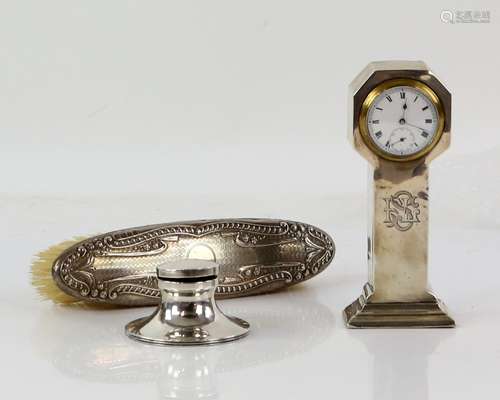 Edward VII silver-mounted desk clock, in the form a hall clock, by Henry Hobson & Sons, Birmingham