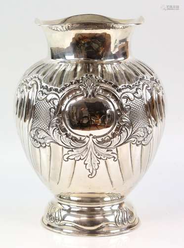 Turkish silver vase, the baluster body decorated with spiral fluting,, acanthus leaves, vacant