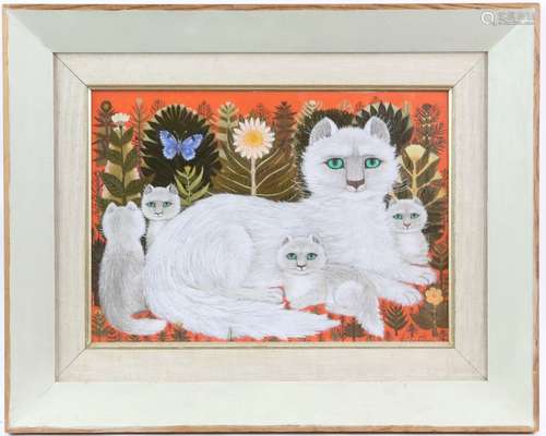 Sheila Flinn (British, b. 1929), white cat family on an orange ground, oil on board, signed lower