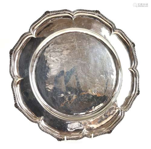 Turkish silver salver, the gadrooned scalloped rim decorated with shells, stamped Harun Kara 900