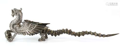 Victorian silver-plated dragon-form table lighter, the tail made of antelope horn, 52 cm long