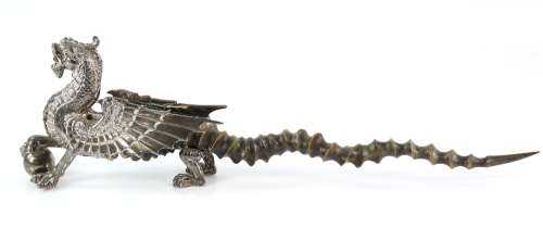 Victorian silver-plated dragon-form table lighter, the tail made of antelope horn, 52 cm long