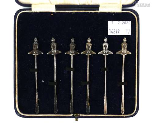 George V Art Deco silver set of six cocktail sticks, with finials in the form of women in a yoga