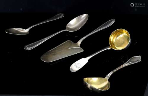 Selection of silver-plated flatware to include serving spoons and a small cake slice, along with a