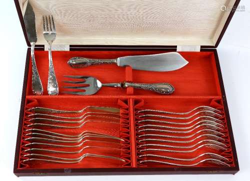 Silver-plated set of fish knives and forks, for 12 place settings, and a pair of fish servers,