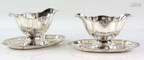 Danish silver sauce-boat and tray, oval and decorated with applied floral motif, with personal