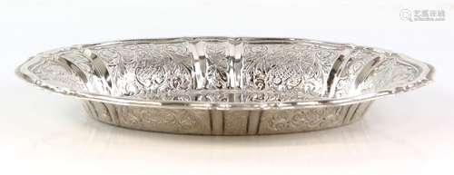 Danish silver dish, the oval body with raised border, chased with floral scrolls, by Hugo Grun,