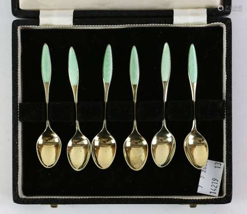 Danish set of six silver-gilt and green guilloche enamel teaspoons, by Frigast, stamped Sterling, in