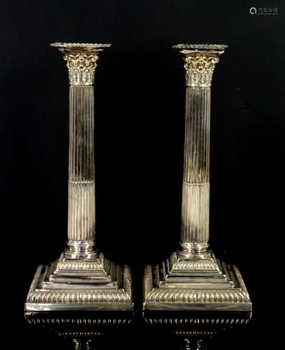 Pair of Mappin and Webb Princess plate Corinthian column 6 branch candelabra with detachable scones.