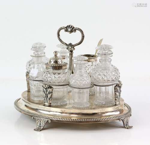 George III silver cruet stand, by John Roberts & Co., Sheffield, 1826, central handle with gadrooned