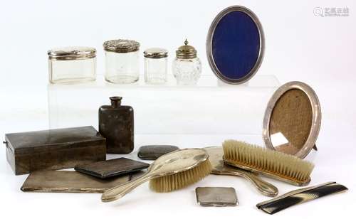 George V silver-mounted four-piece dressing table set, Birmingham 1921, two silver topped glass