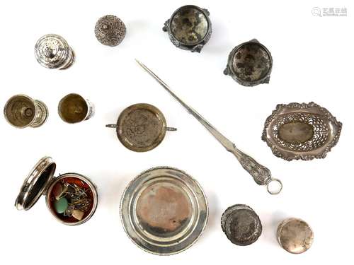 Group of silver items to include egg cups, dressing table boxes, a large page turner, open salts,