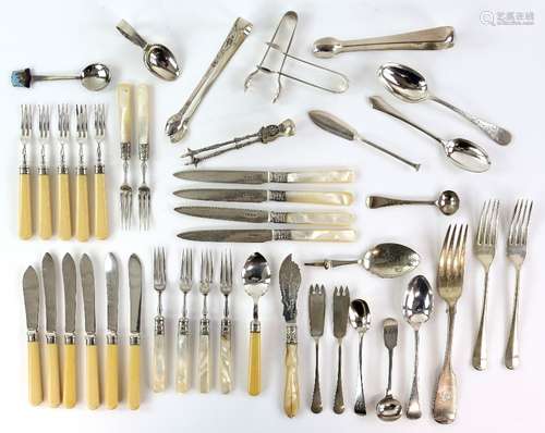 Mixed group of silver and plated flatware including a mother-of-pearl handled dessert service,