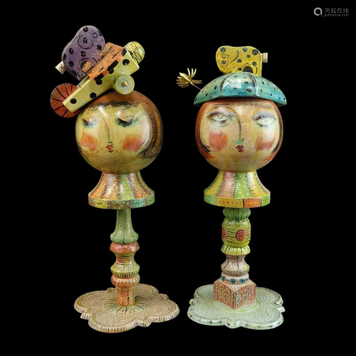 Pair of Vintage Wooden Dolls