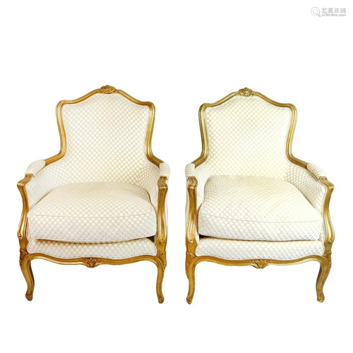 Louis XVI Style Gilt Carved Bergere Chairs