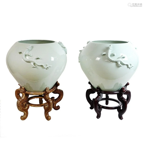 Pair of Large Modern Chinese Celadon Style Vases