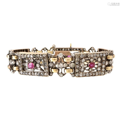 Diamond, Ruby, 18K and Silver Bracelet