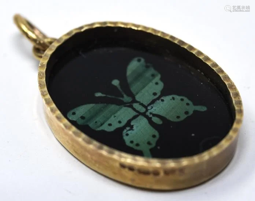 9k Gold Malachite Painted Glass Butterfly Pendant