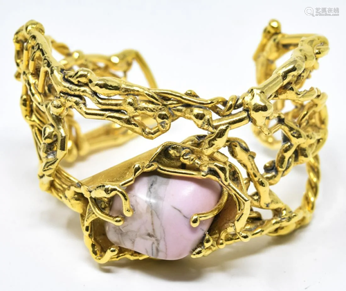 Abstract Modernist Gilt & Agate Cuff Bracelet