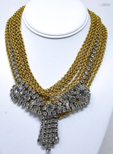 C 1960s Gilt Chain & Paste Bow Statement Necklace