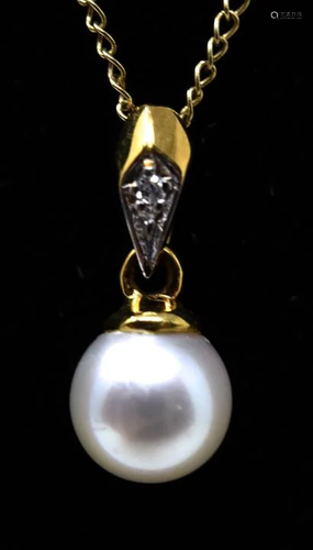 14k Gold Diamond Pearl Pendant W Necklace Chain