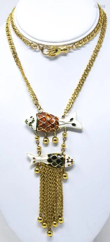 C 1970s Gilt & Enamel Fish Charm Necklace