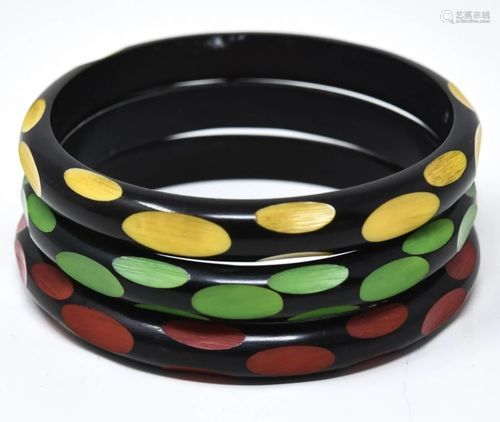 C 1960s 3 Black Bakelite Bangle Bracelets