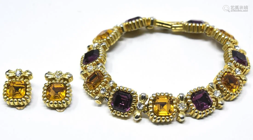 Citrine & Amethyst Paste Bracelet & Clip Earrings