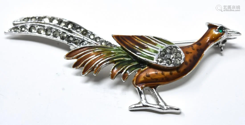 Pheasant Birch Brooch W Enamel & Marcasites