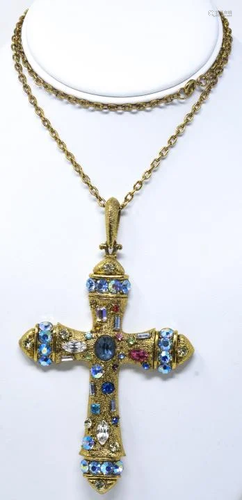 Antiqued Gilt Chain W Jeweled Cross Pendant