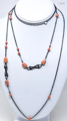 C 1910 Victorian Steel & Coral Glass Muff Chain