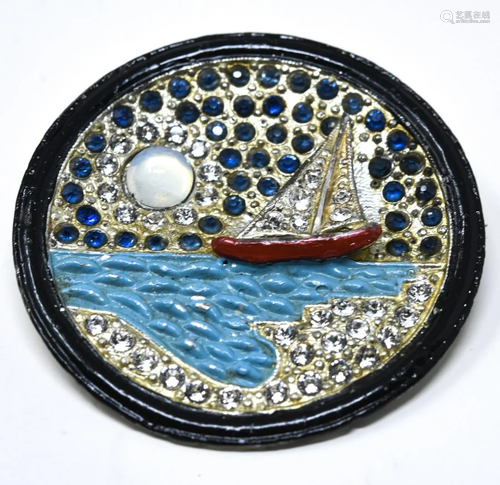 C 1930 Moon Over Miami Enamel Brooch / Pin