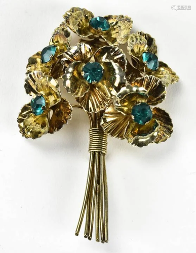 Vintage C 1940s Yellow Gold Vermeil Floral Brooch