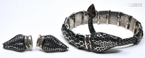 Mexican Sterling & Enamel Snake Bracelet & Earring