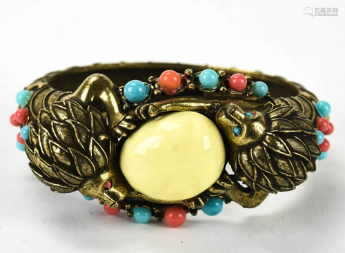 1960s Sculpted Lion & Faux Pearl Chunky Bracelet