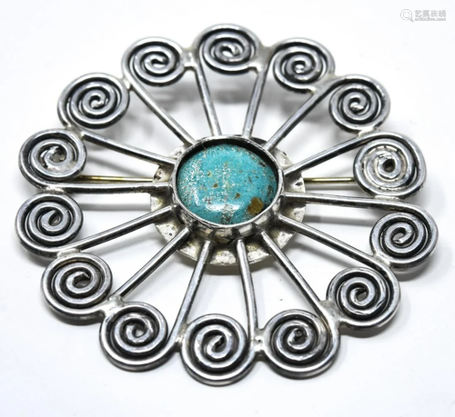 Sterling & Turquoise Hand Made Sun Motif Brooch