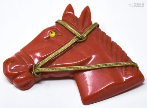 C 1945 Carved Red Bakelite Horse Head Brooch