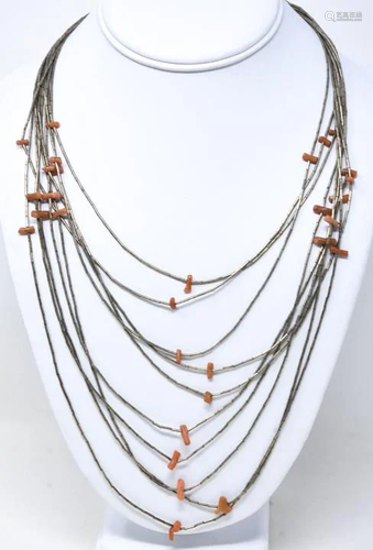 Sterling 10 Row Liquid Silver & Coral Necklace