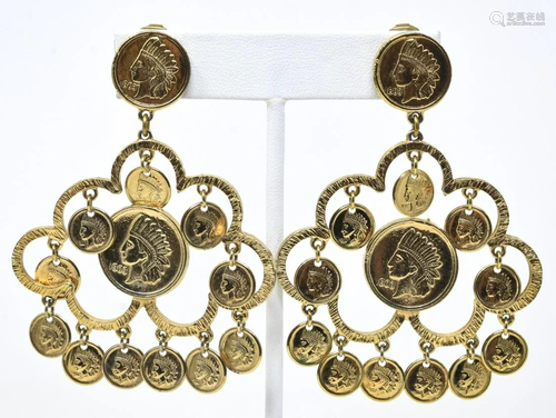 C 1975 Gilt Earrings W Faux Native American Coins