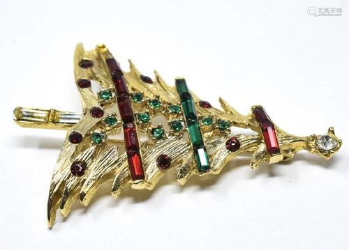 Pell Gilt Rhinestone Christmas Tree Brooch / Pin